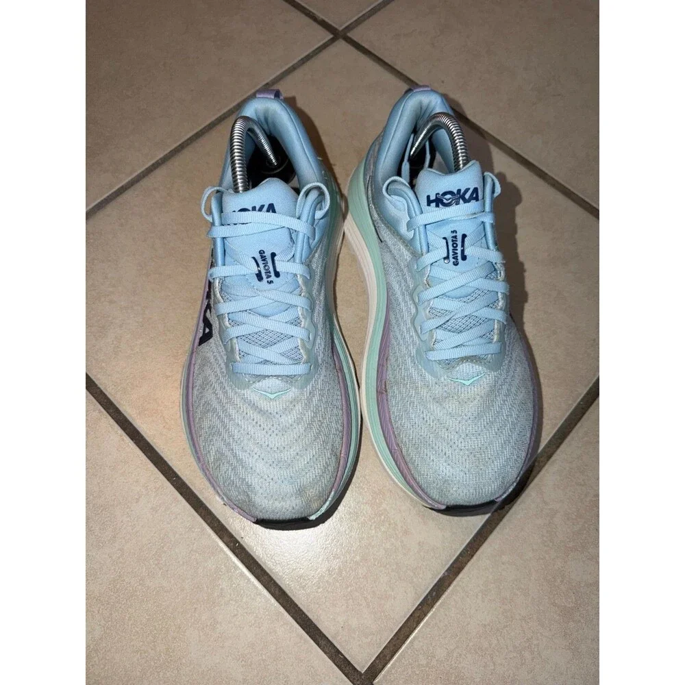 Hoka Women's Gaviota 5 running shoes in an Airy Blue/Sunlit Ocean colorway US si